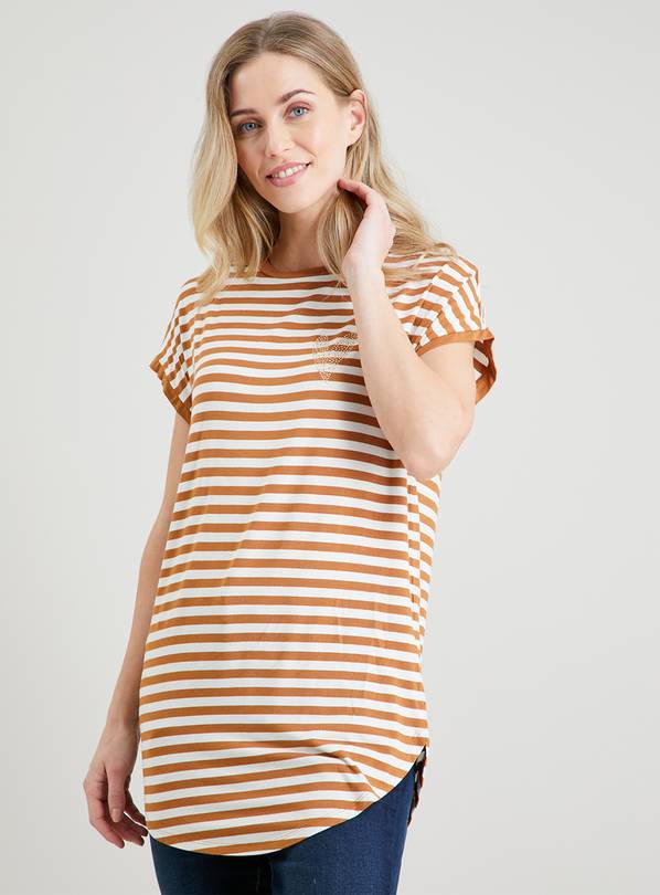 Tan Stripe Embellished Longline T-Shirt - 8